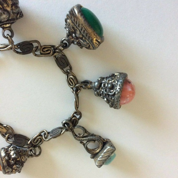 Vintage Chunky Fob Charm Bracelet Ornate Stones - Picture 3 of 9